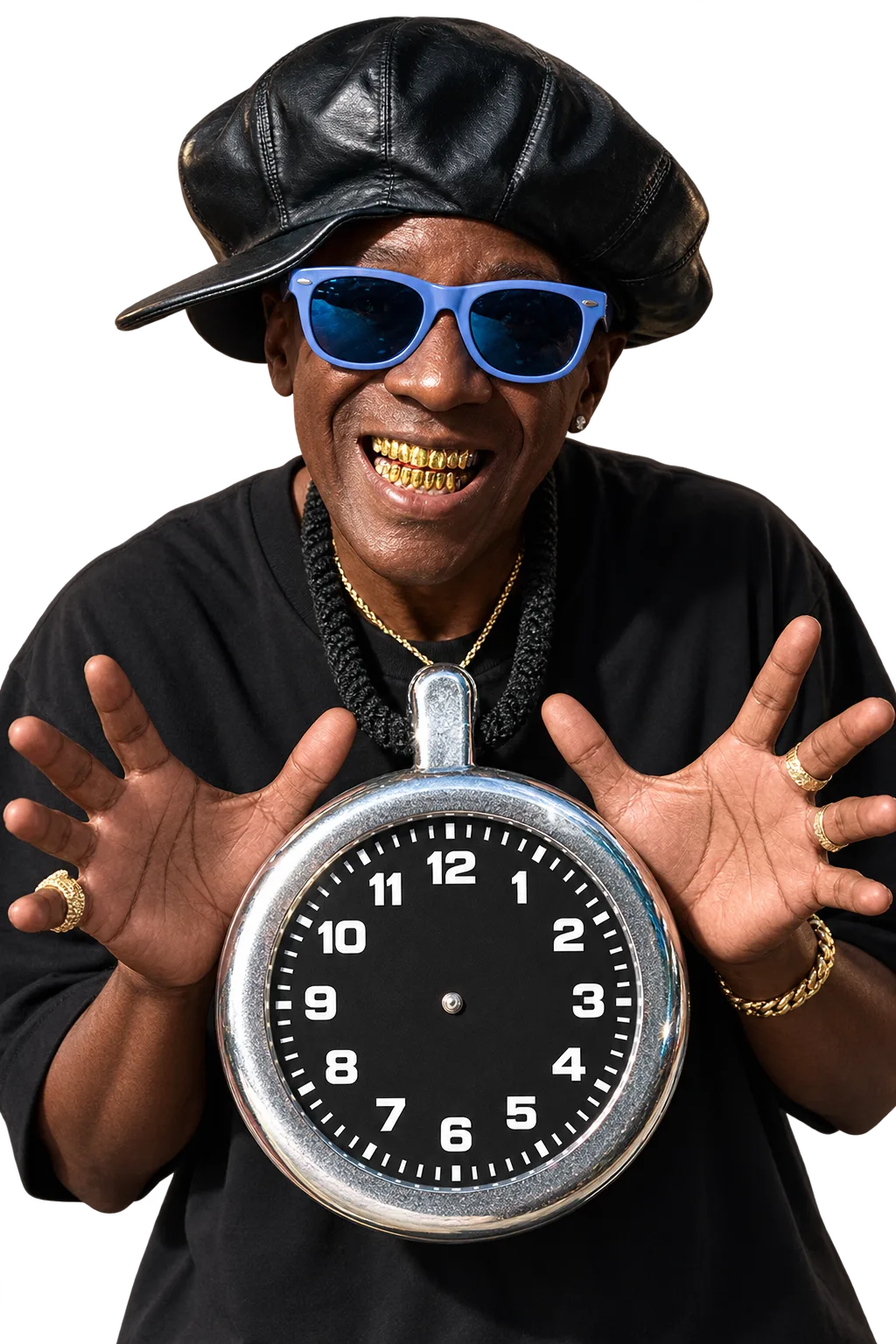 Flavor Flav wearing an oversized clock