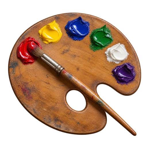A wooden artist's palette loaded with paint, with a brush resting across it