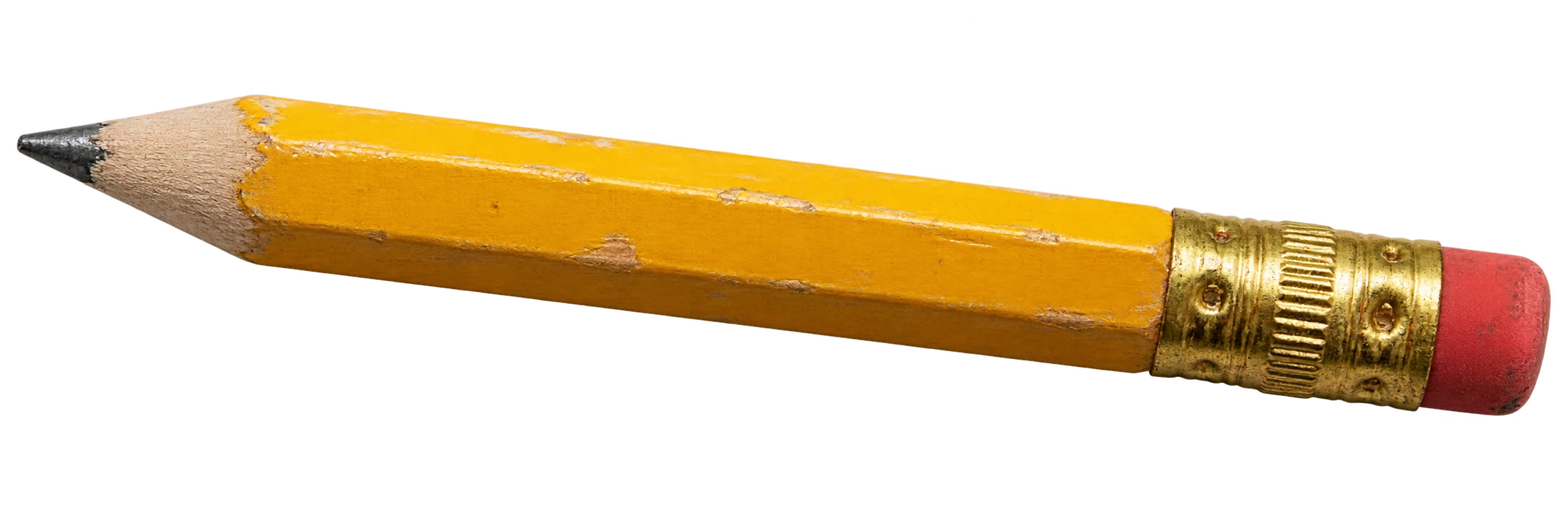 A stubby yellow number 2 pencil with a red eraser
